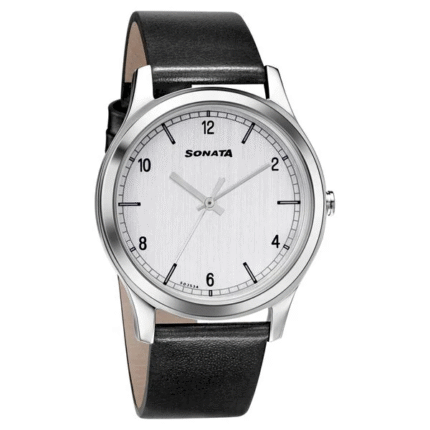 Sonata Quartz Analog Silver Dial Leather Strap Watch for Men