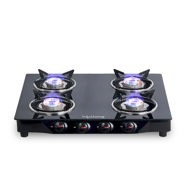 Lifelong Toughened Glass Top 4 Burner Manual Gas Stove